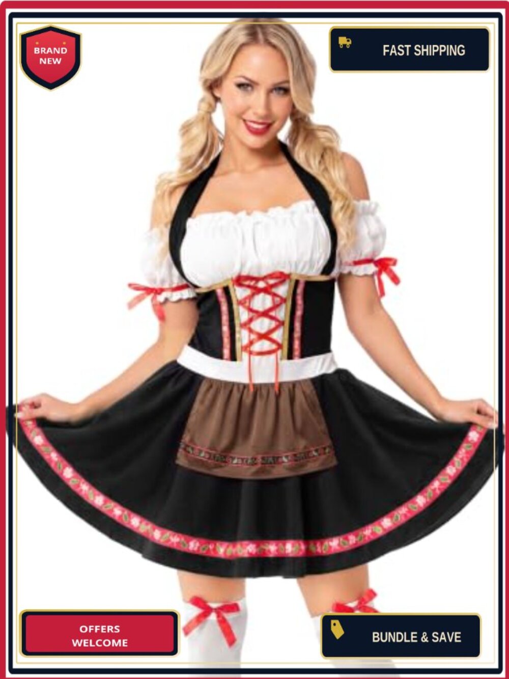Oktoberfest Dirndl Dress Costume Set Thigh High Stockings Women Cosplay
